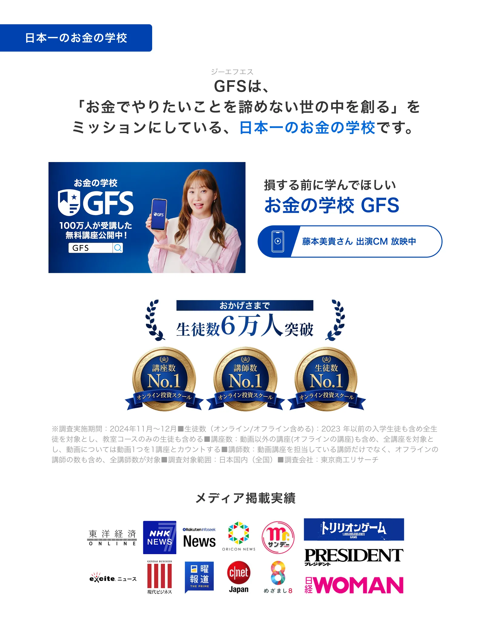 日本一のお金の学校 GFSは、「お金でやりたいことを諦めない世の中を創る」をミッションにしている、日本一のお金の学校です。 損する前に学んでほしい お金の学校 GFS ◎藤本美貴さん 出演CM 放映中 おかげさまで 生徒数6万人突破 講座数 No.1 オンライン投資スクール 講師数 No.1 オンライン投資スクール 生徒数 No.1 オンライン投資スクール ※調査実施期間：2024年11月～12月■生徒数（オンライン/オフライン含める）：2023年以前の入学生徒も含め全生徒を対象とし、教室コースのみの生徒も含める■講座数：動画以外の講座（オフラインの講座）も含め、全講座を対象とし、動画については動画1つを1講座とカウントする■講師数：動画講座を担当している講師だけでなく、オフラインの講師の数も含め、全講師数が対象■調査対象範囲：日本国内（全国）■調査会社：東京商エリサーチ
