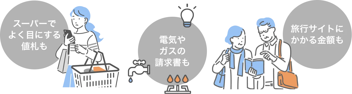スーパーでよく目にする値札も電気やガスの請求書も旅行サイトにかかる金額も